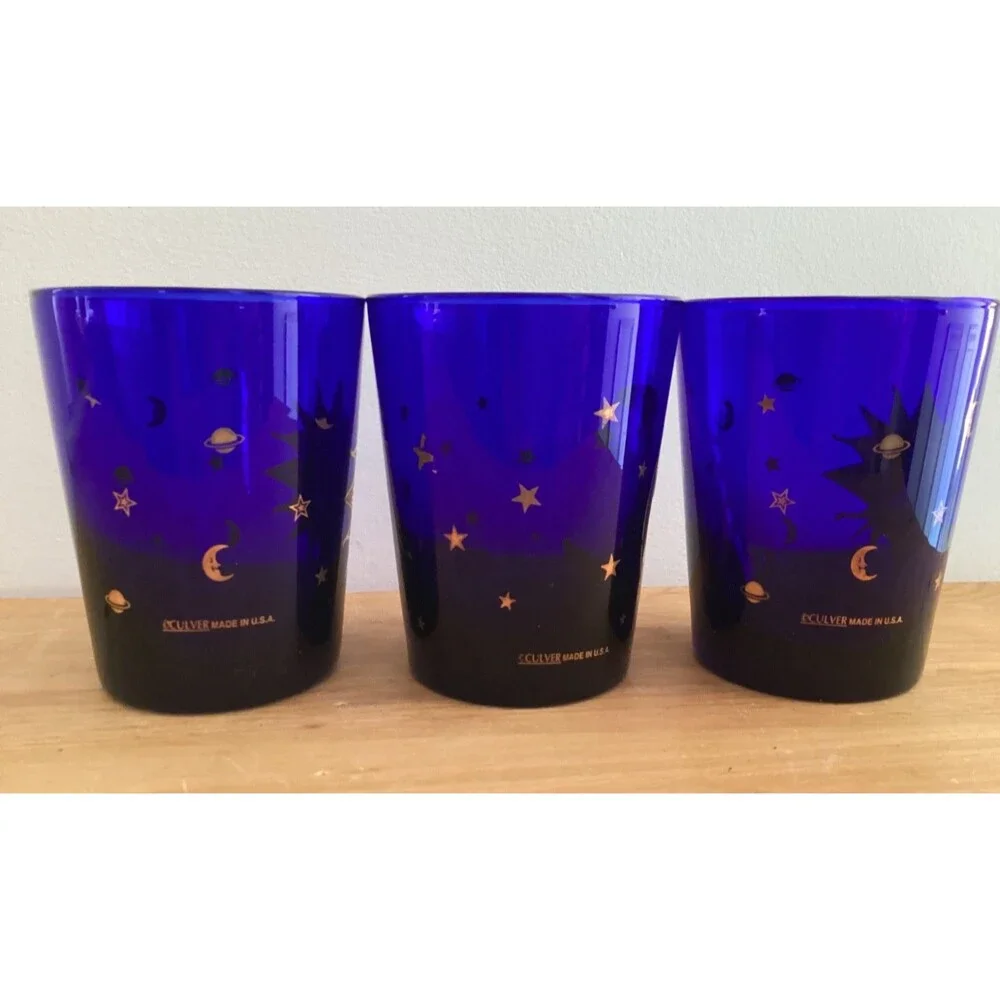Set 3 Culver Cobalt Blue Glasses Gold Sun Moon Stars USA 12 oz Cocktail Glass